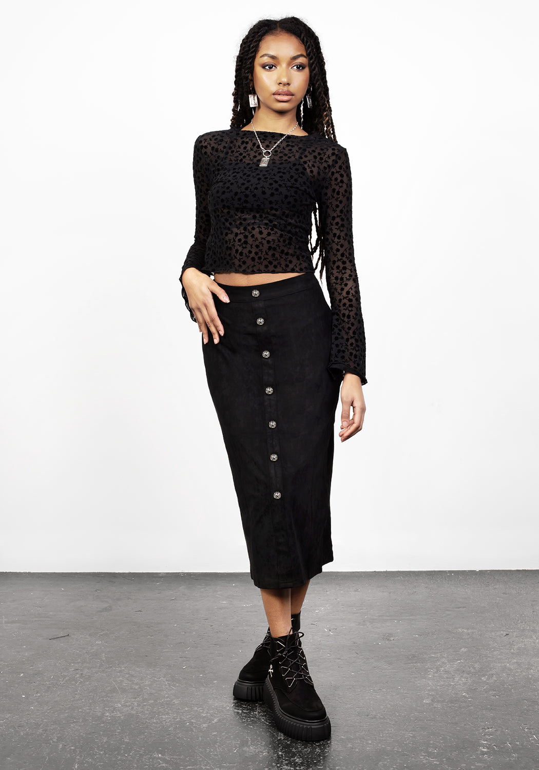 Black Suede Midi Skirt with A-Line Cut & Stretchy Fabric | Tanya