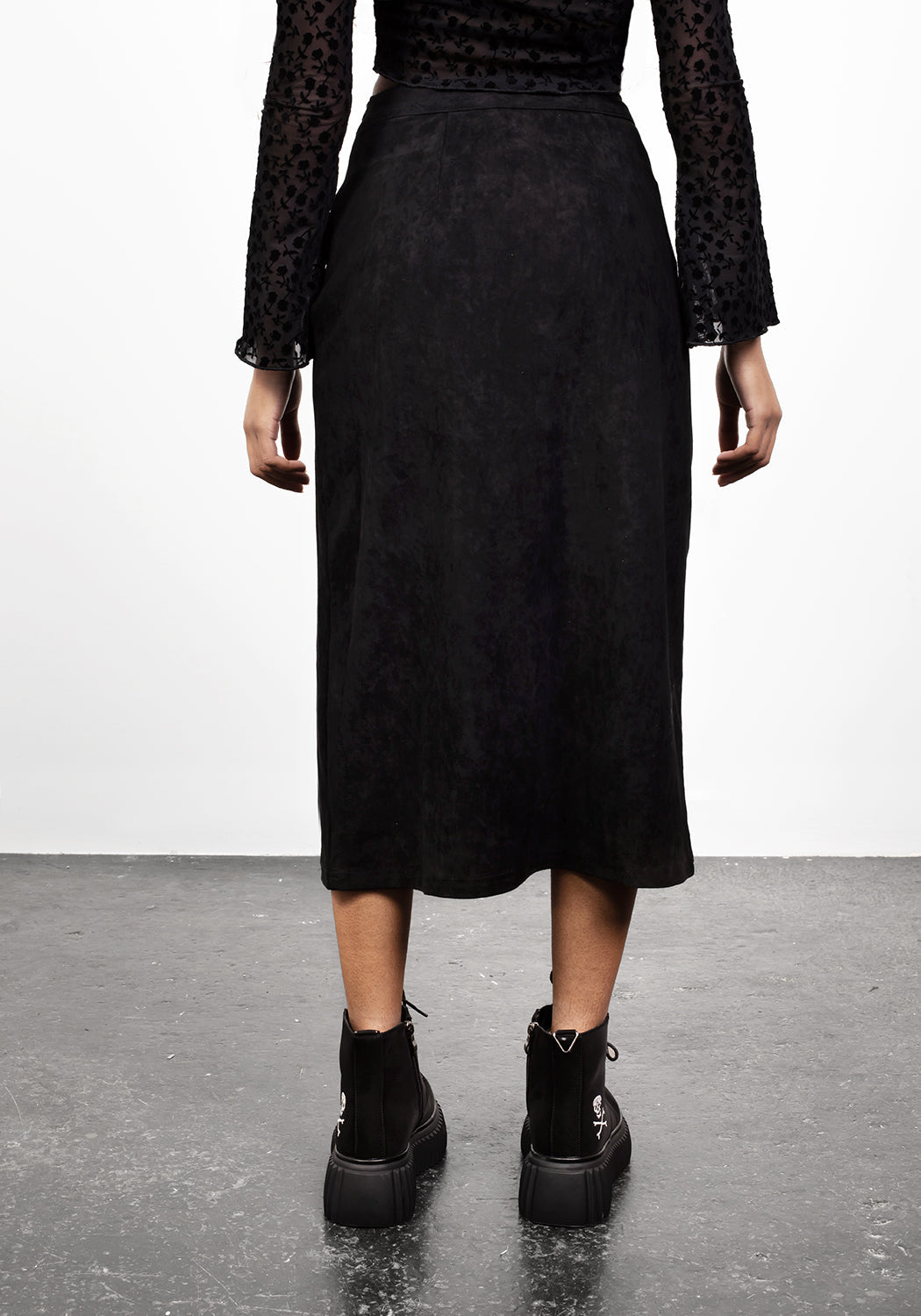 Black Suede Midi Skirt with A-Line Cut & Stretchy Fabric | Tanya