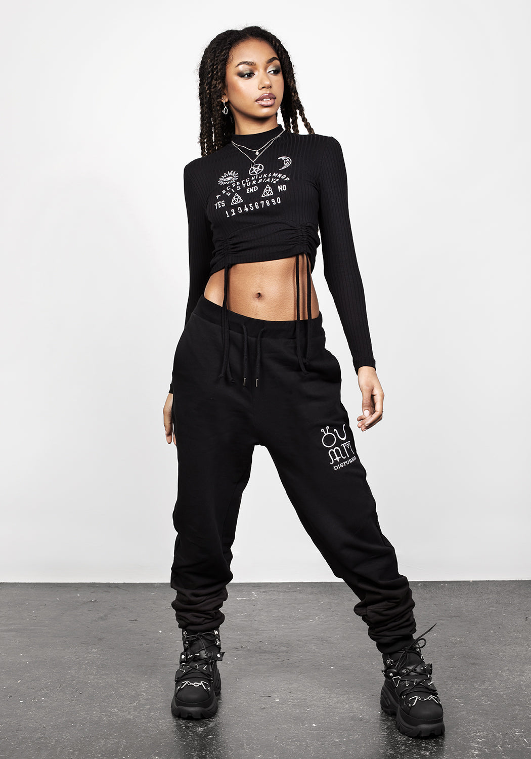 Ruched Crop Top with Ribbed Jersey & Ouija Embroidery | Valefor