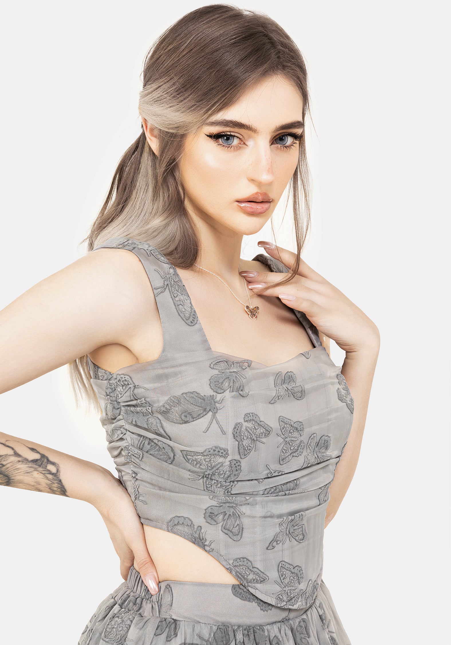 Butterfly Print Corset Top with Ruched Bodice & Sweetheart Neckline | Vanessa