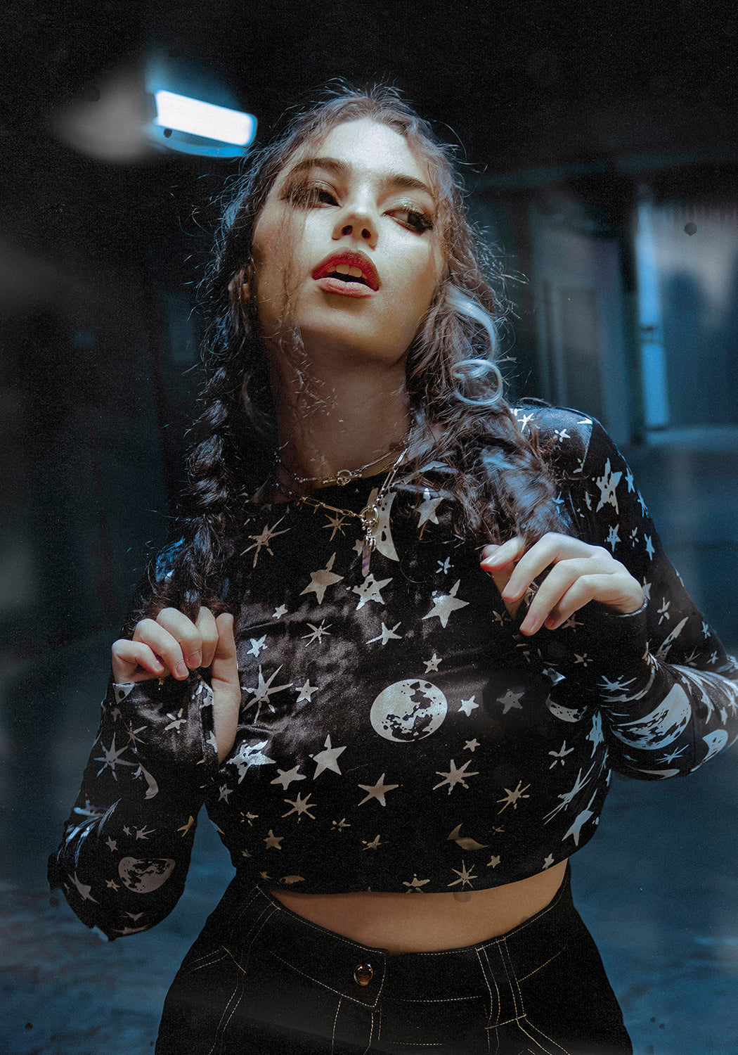 Black Velvet Crop Top with Star & Moon Print | Allnighter