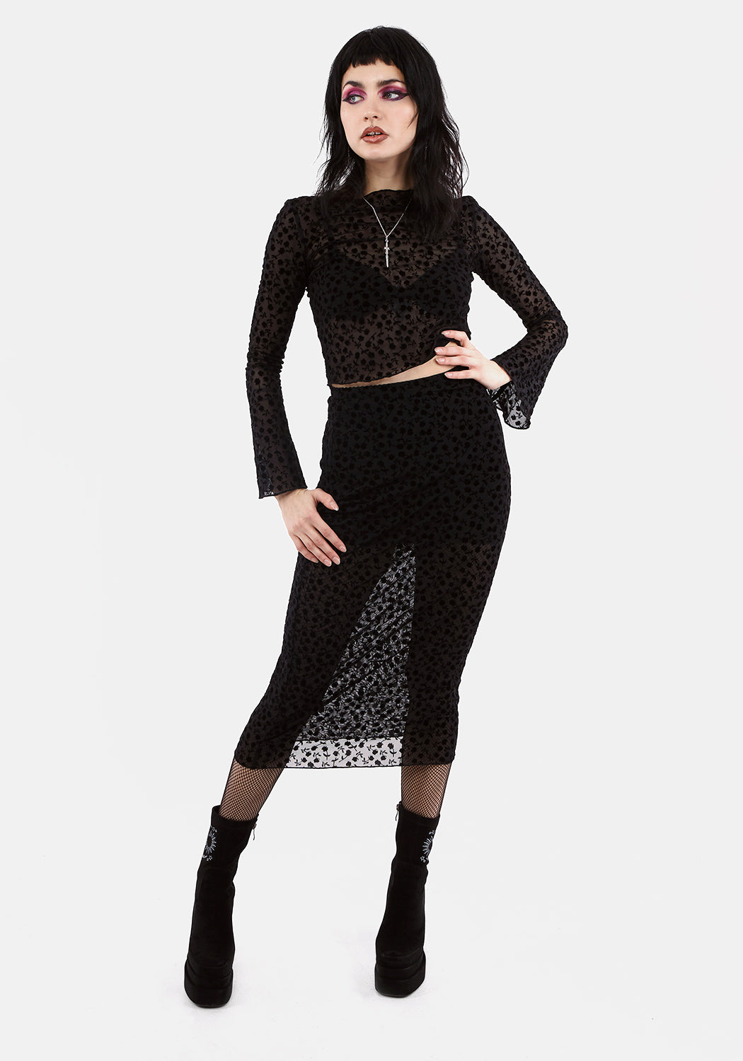 Flocked Mesh Midi Skirt with Elastic Waist & Lettuce Hem | Lovespell