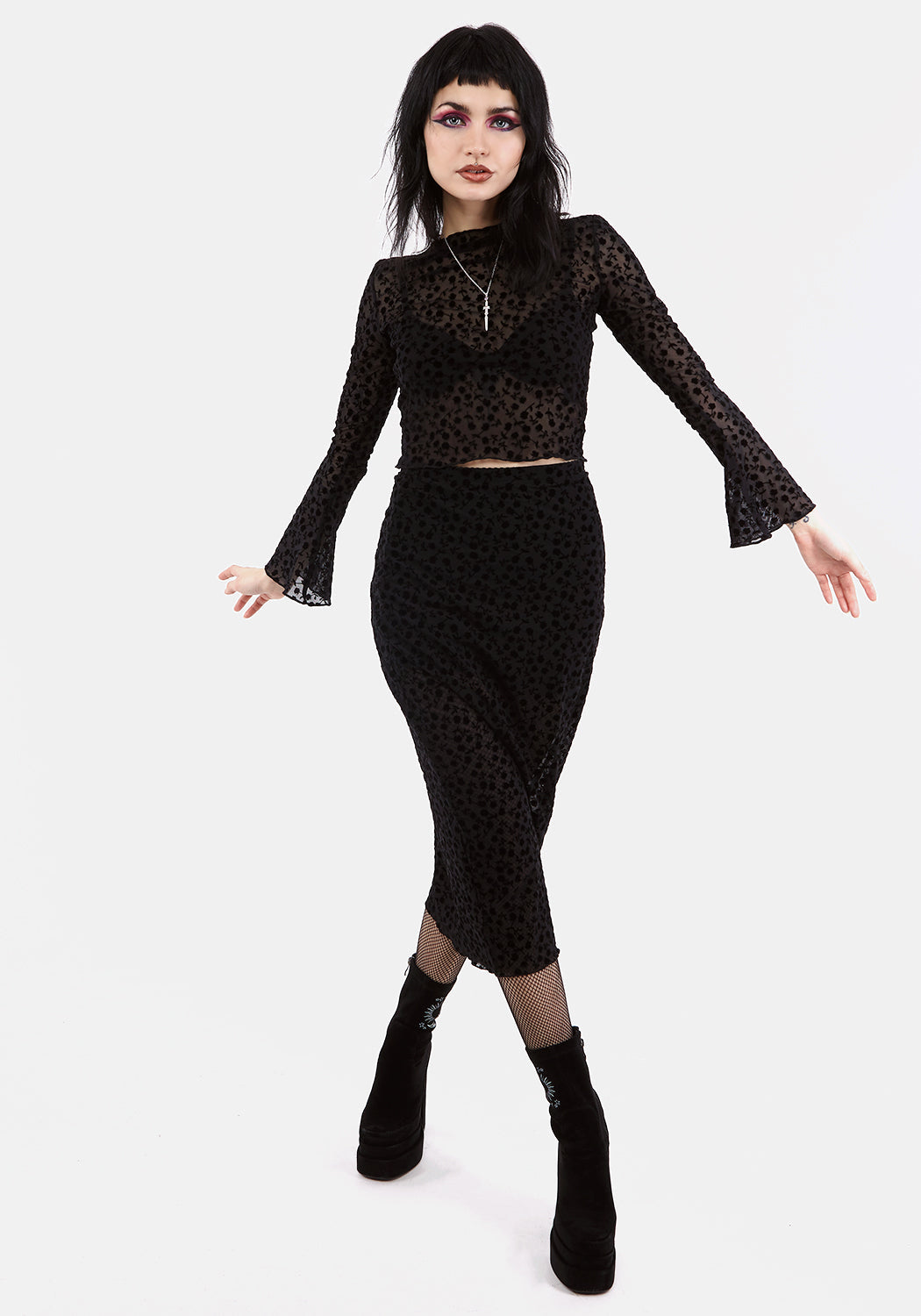 Flocked Mesh Midi Skirt with Elastic Waist & Lettuce Hem | Lovespell