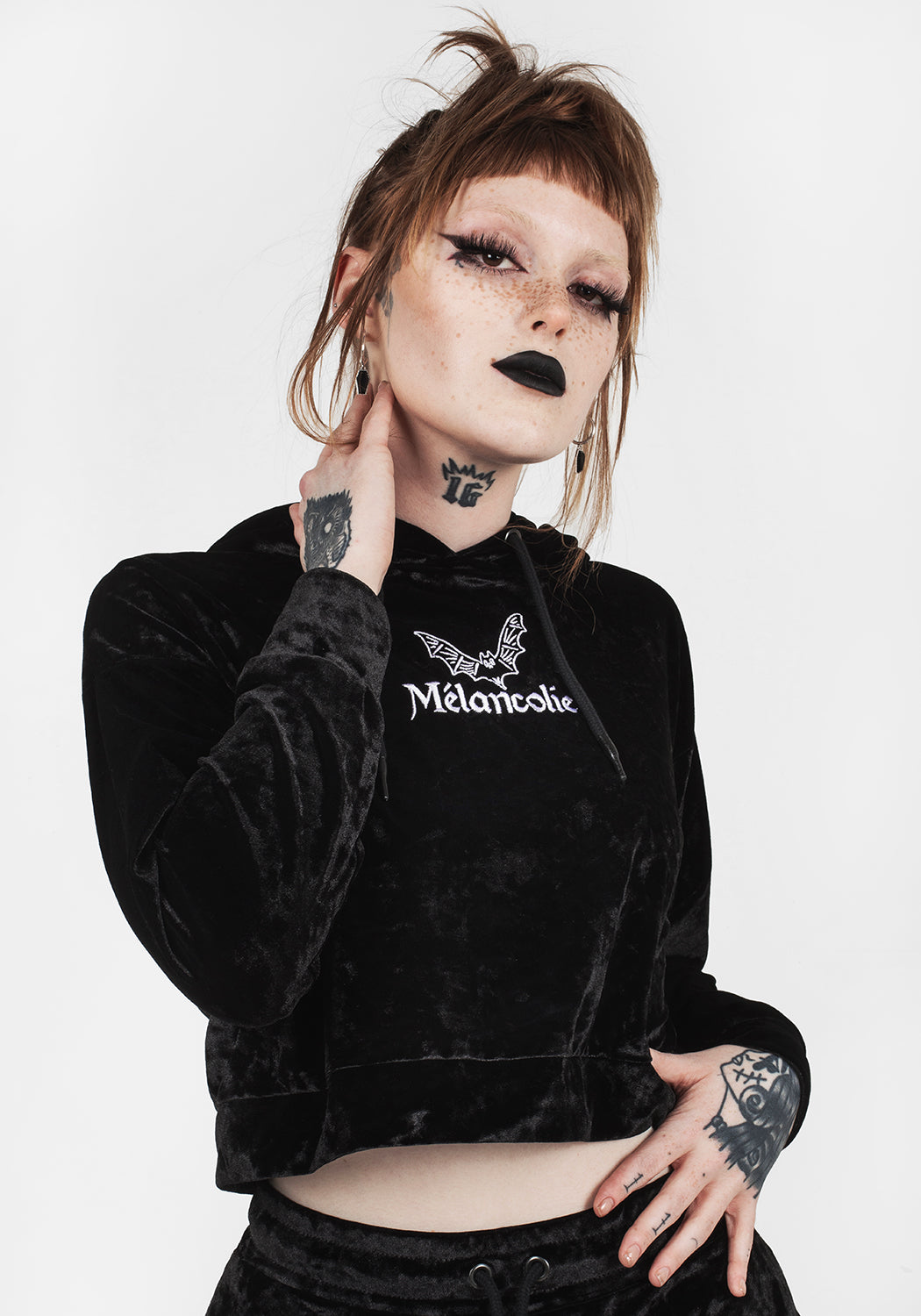 Black Velour Cropped Hoodie with Bat Embroidery | Sad Bat's Club