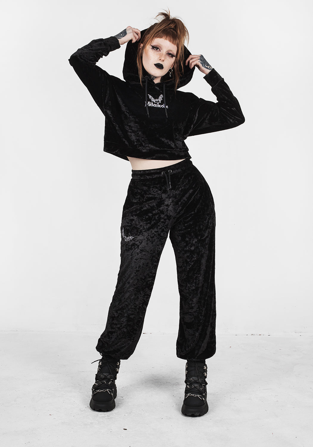 Black Velour Cropped Hoodie with Bat Embroidery | Sad Bat's Club