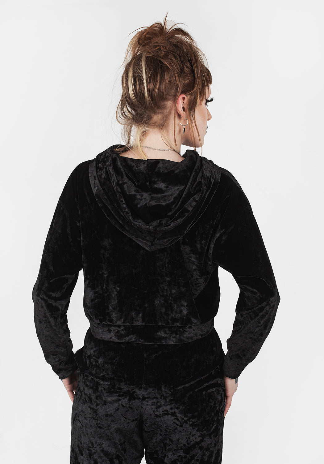 Black Velour Cropped Hoodie with Bat Embroidery | Sad Bat's Club