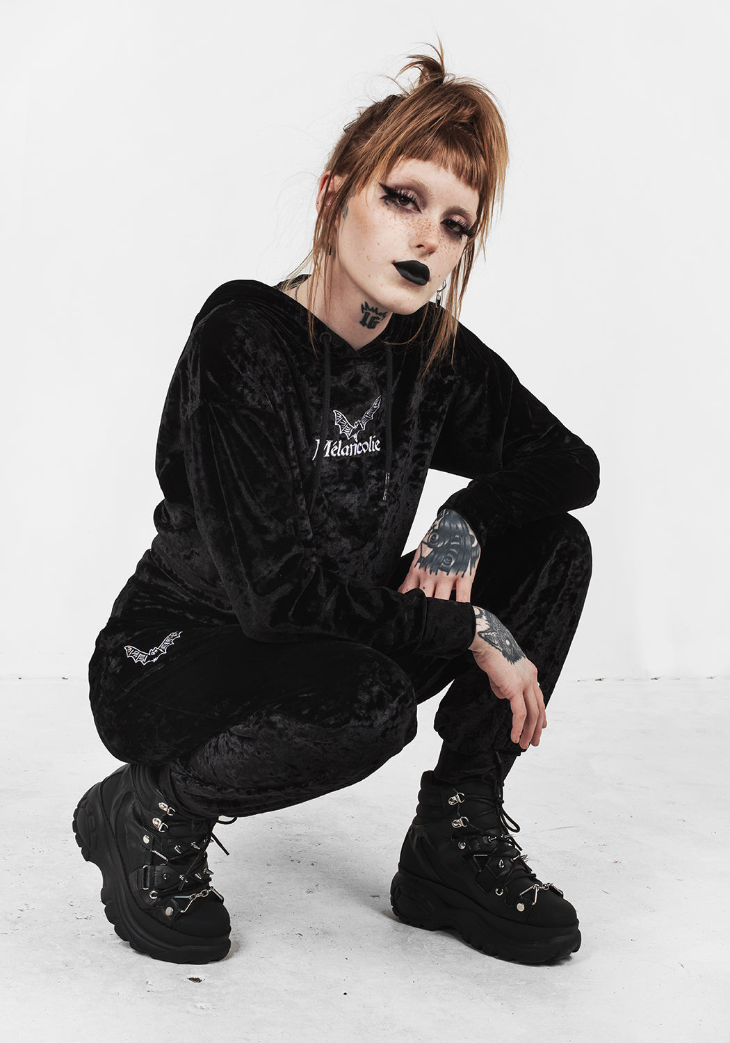 Black Velour Cropped Hoodie with Bat Embroidery | Sad Bat's Club