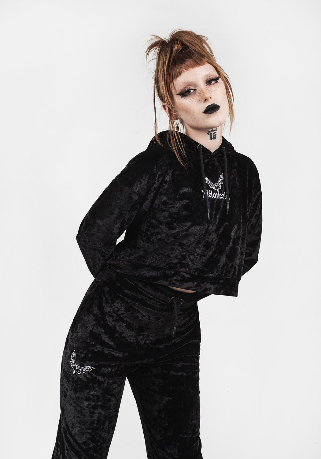 Black Velour Cropped Hoodie with Bat Embroidery | Sad Bat's Club