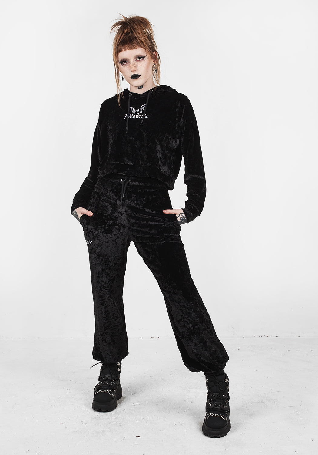 Black Velour Cropped Hoodie with Bat Embroidery | Sad Bat's Club