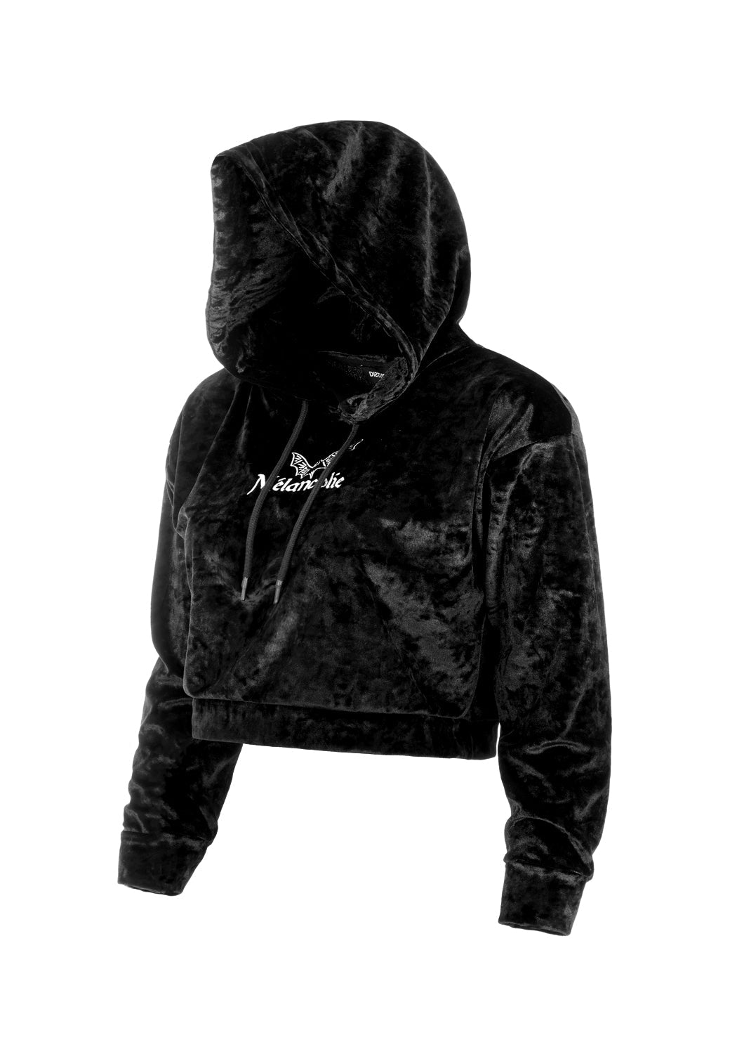 Black Velour Cropped Hoodie with Bat Embroidery | Sad Bat's Club
