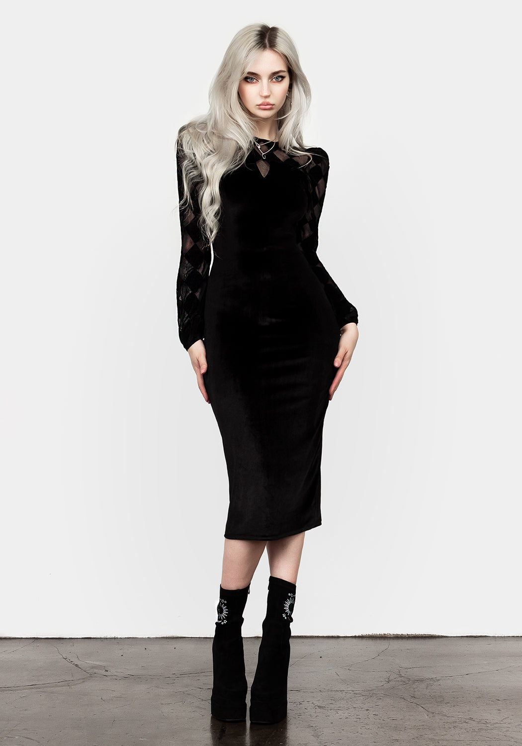 Black Harlequin Mesh Midi Dress with Long Sleeves | Debauched