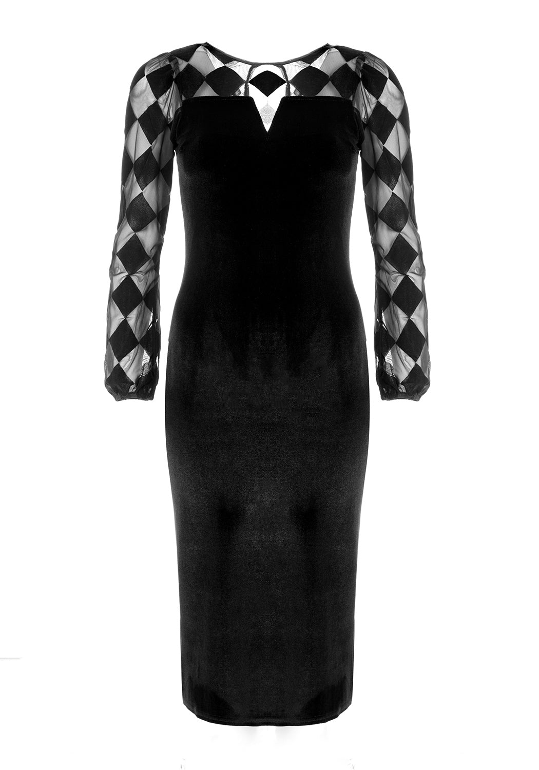 Black Harlequin Mesh Midi Dress with Long Sleeves | Debauched