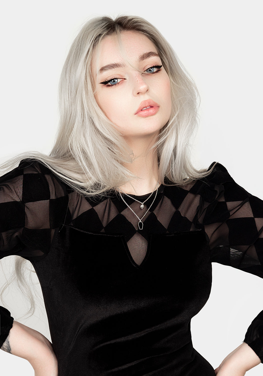 Black Harlequin Mesh Midi Dress with Long Sleeves | Debauched