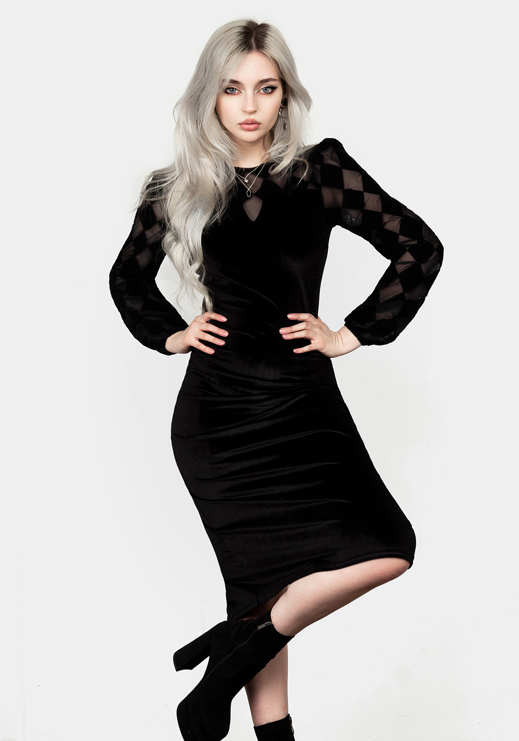 Black Harlequin Mesh Midi Dress with Long Sleeves | Debauched