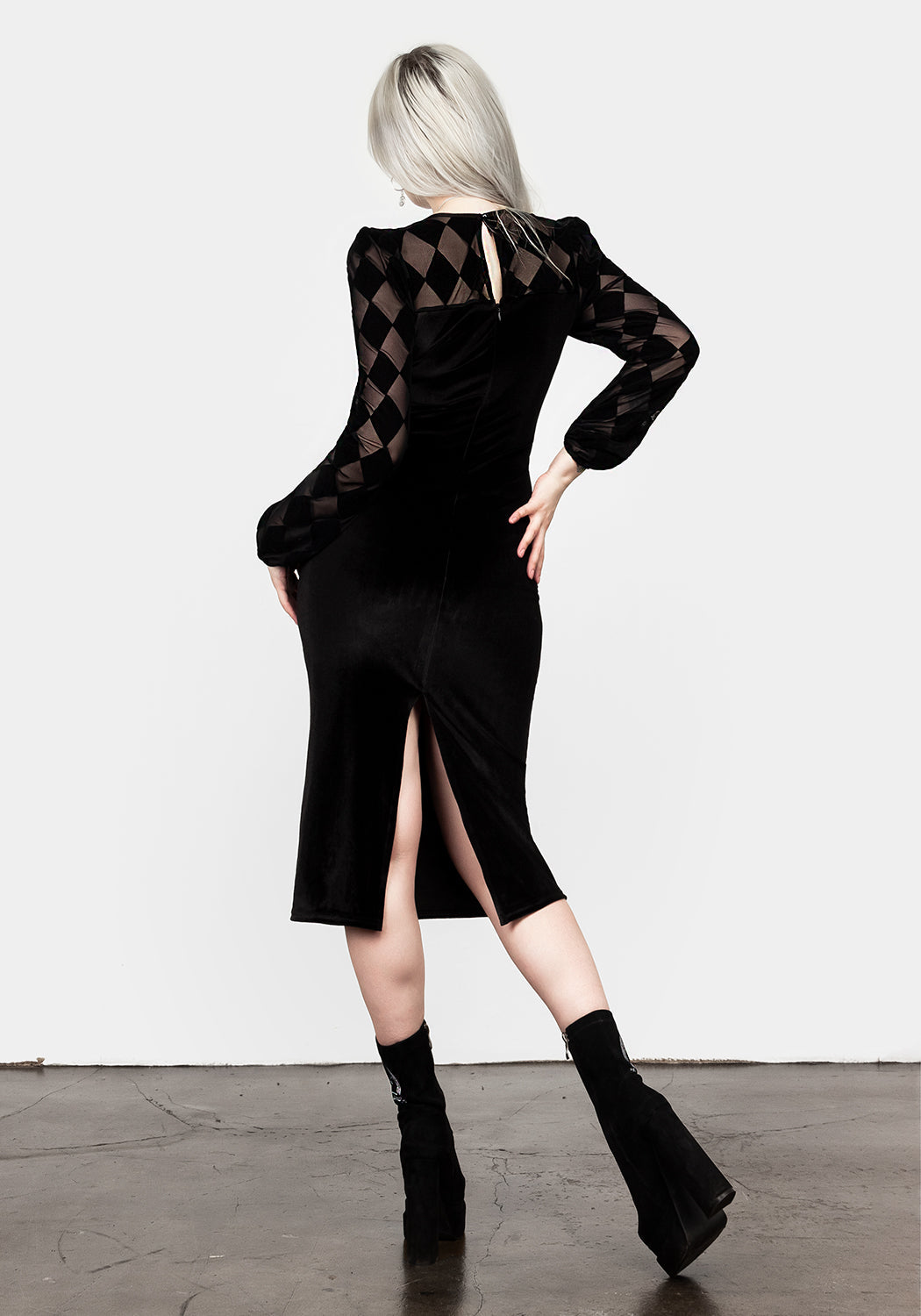 Black Harlequin Mesh Midi Dress with Long Sleeves | Debauched