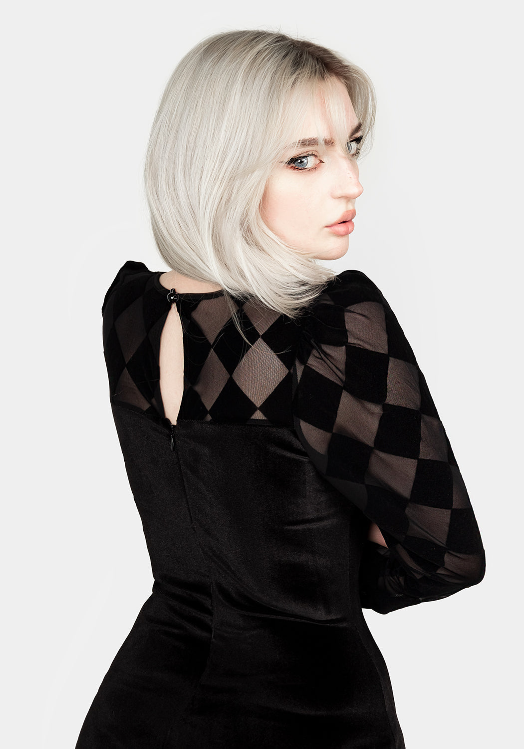 Black Harlequin Mesh Midi Dress with Long Sleeves | Debauched