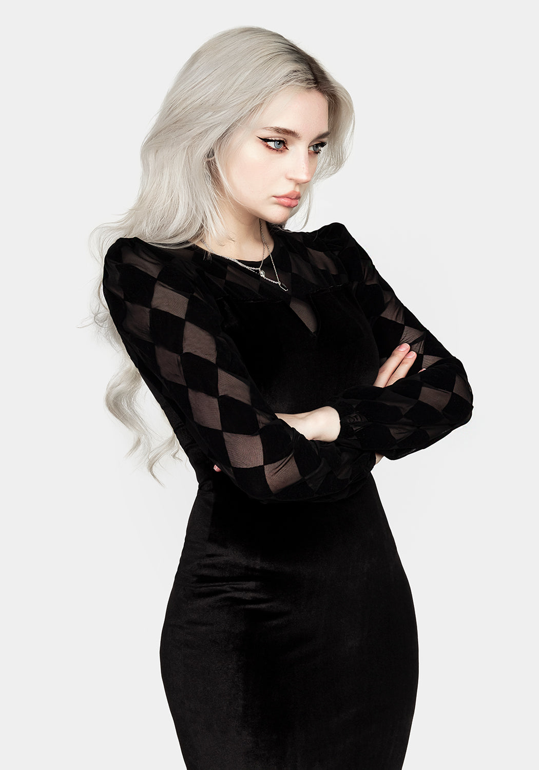Black Harlequin Mesh Midi Dress with Long Sleeves | Debauched