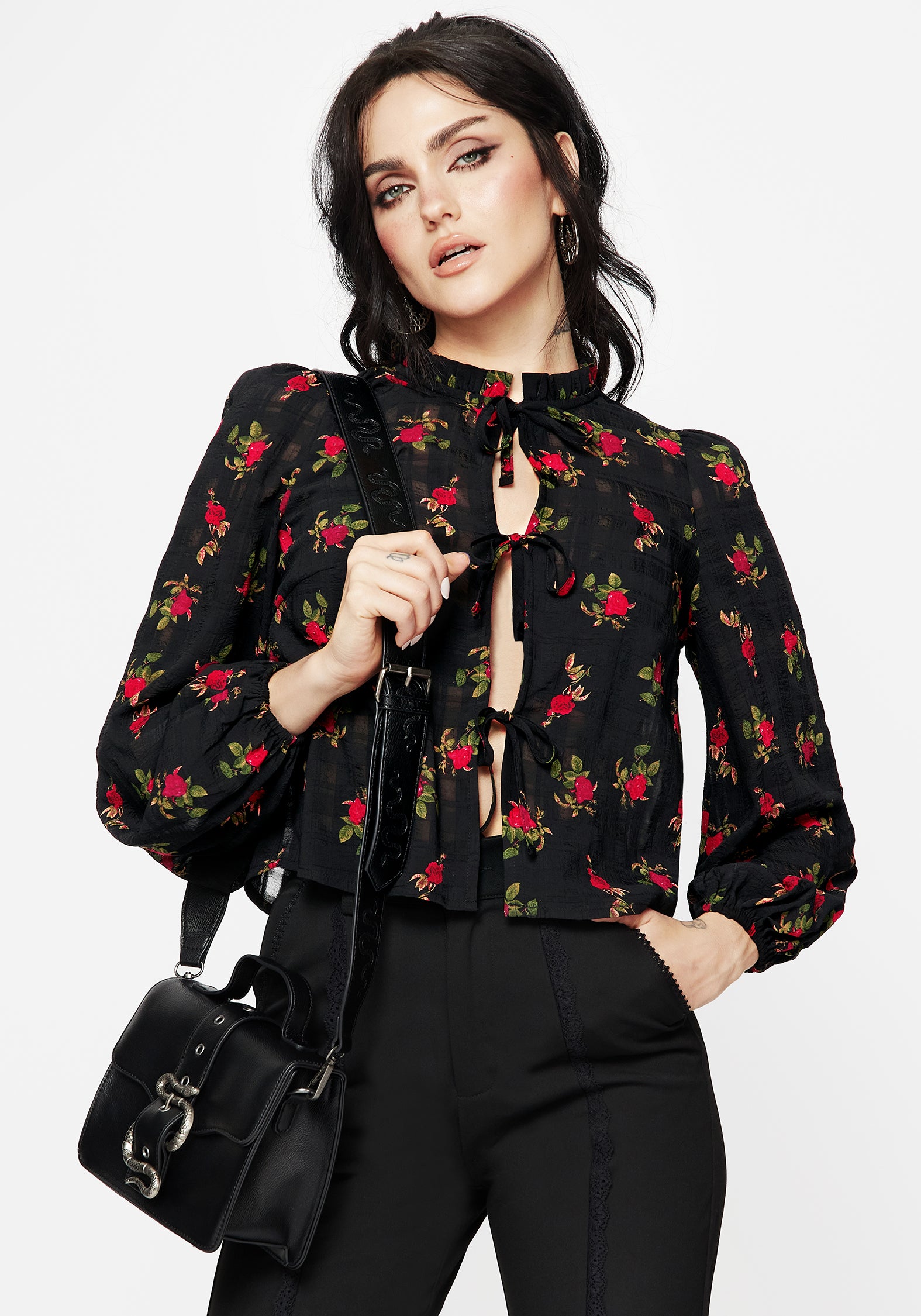 Red & Black Floral Chiffon Blouse with Tie-Front | Darcey