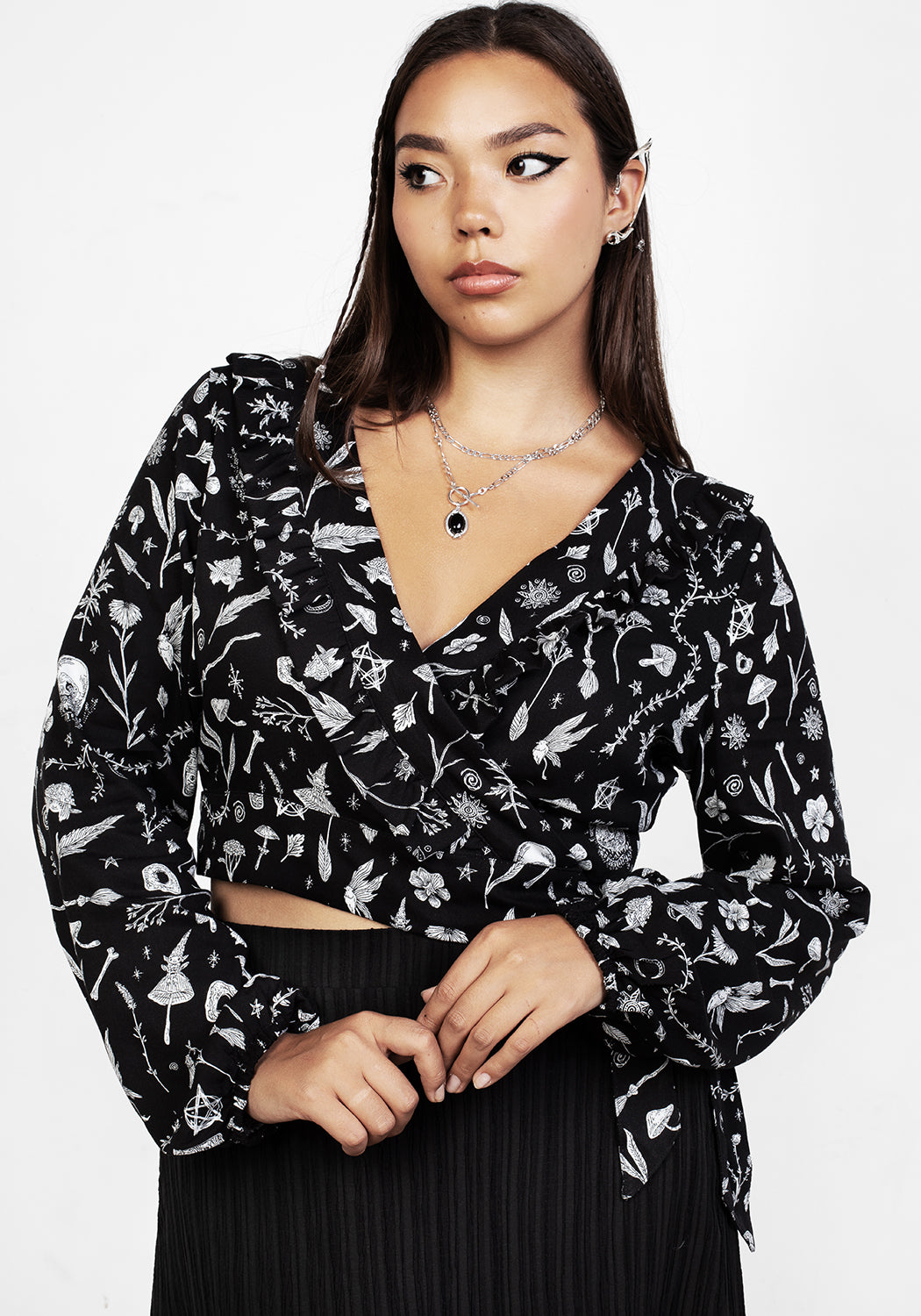 Wrap Top with Puffed Sleeves & V-Neck | Hedgewitch Floral Print