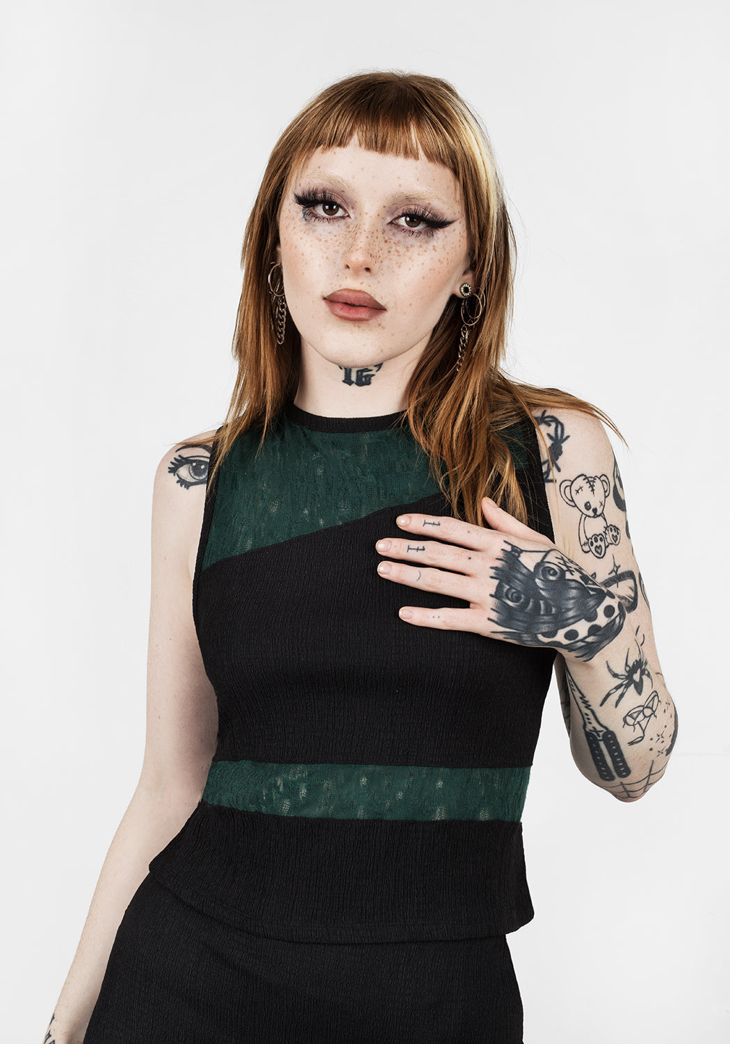 Dark Green Lace Vest Top with Sheer Panels | FAE