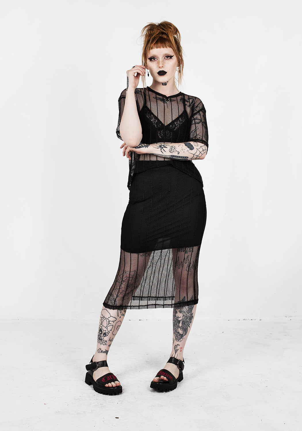 Black Striped Mesh Midi Skirt with Silky Lining | Solemn