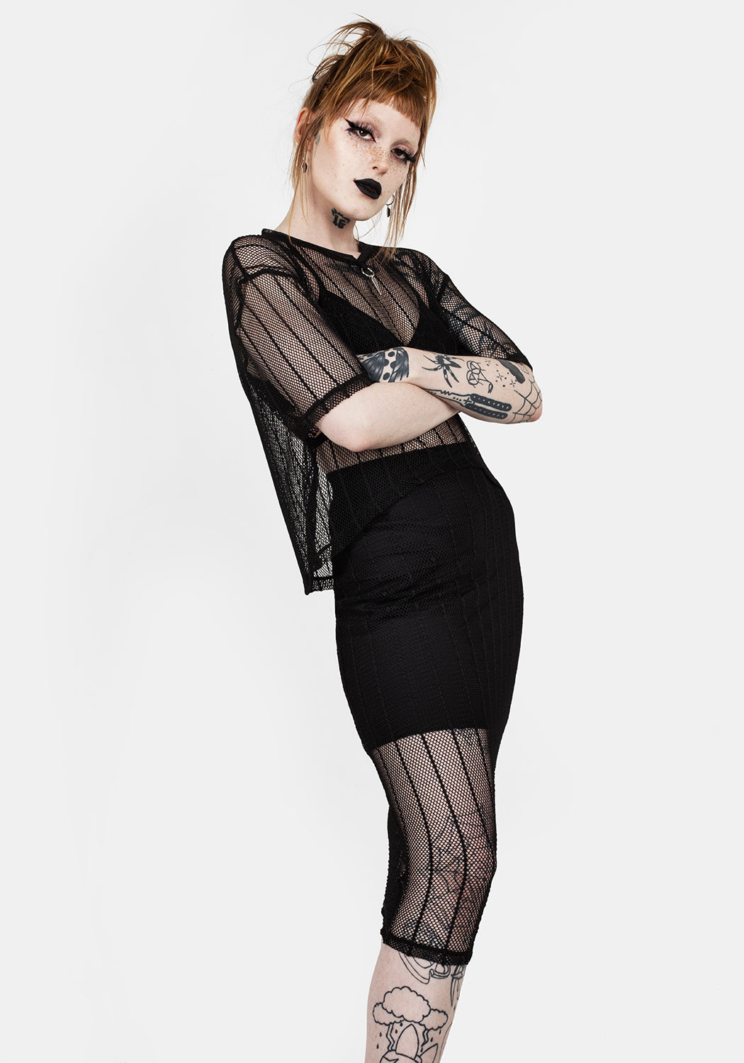 Black Striped Mesh Midi Skirt with Silky Lining | Solemn