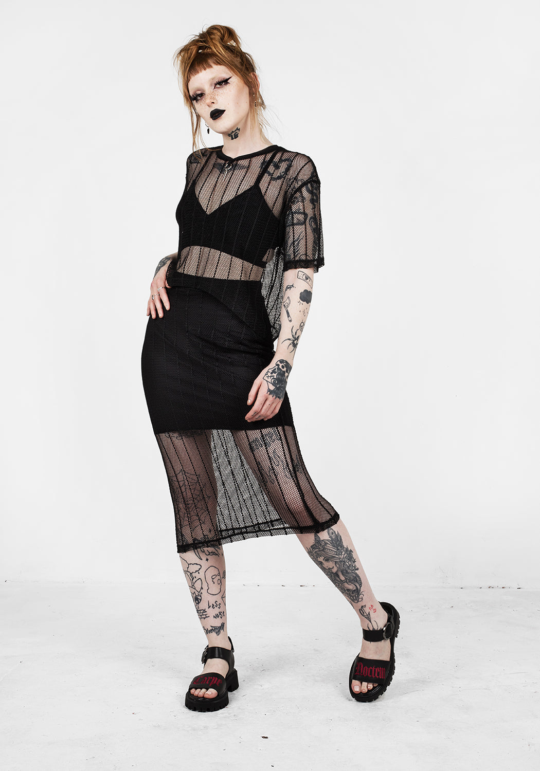 Black Striped Mesh Midi Skirt with Silky Lining | Solemn
