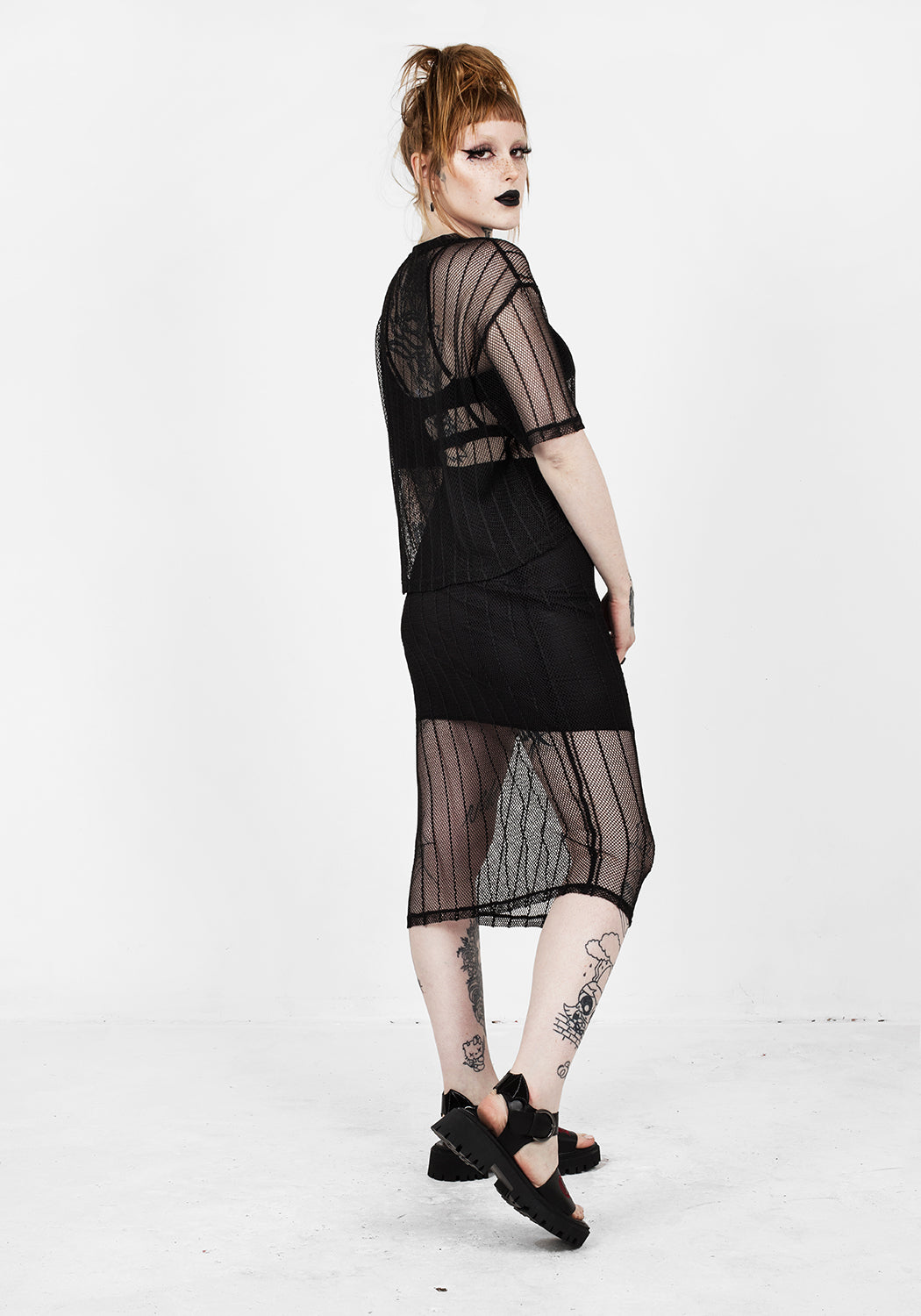 Black Striped Mesh Midi Skirt with Silky Lining | Solemn