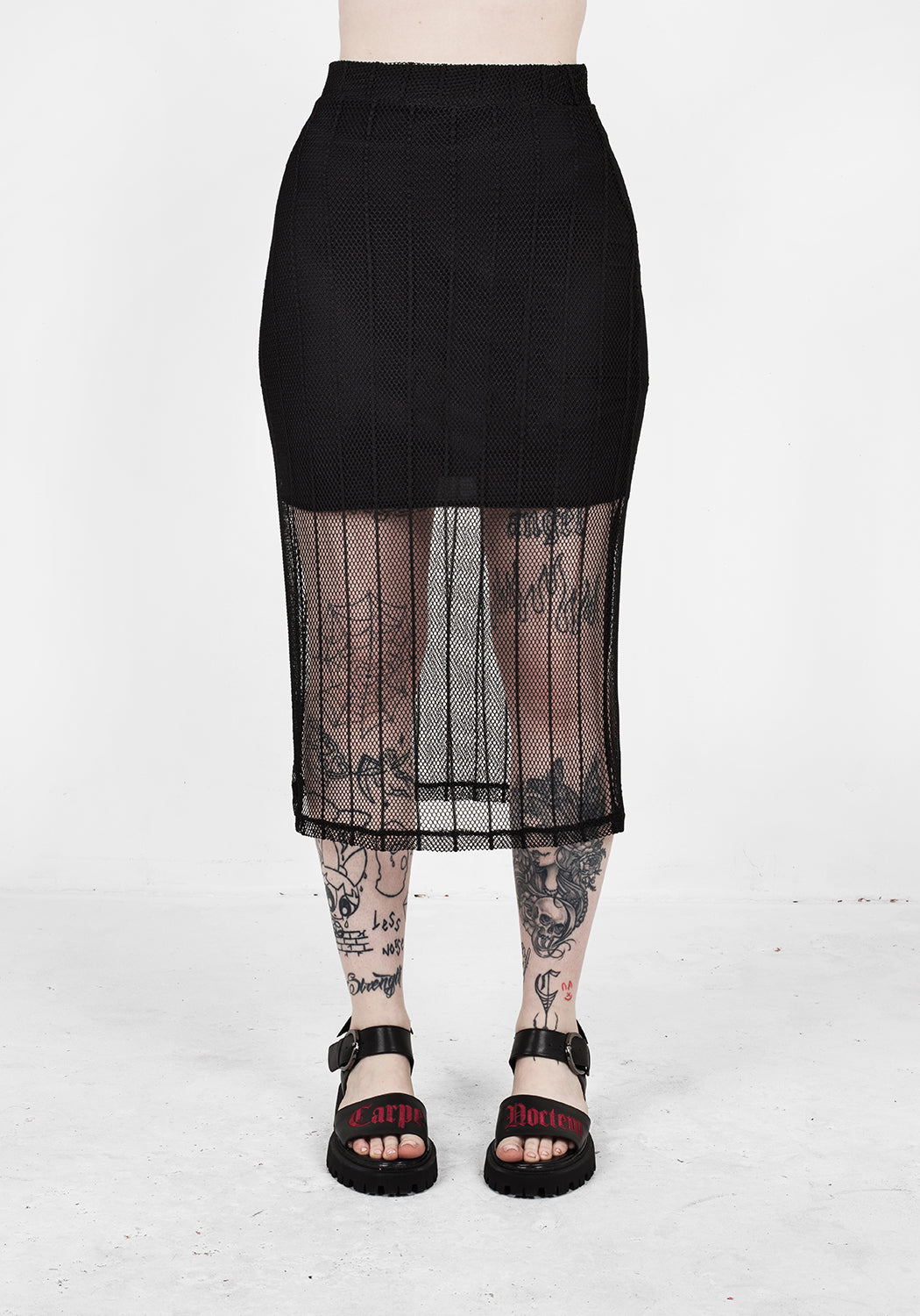 Black Striped Mesh Midi Skirt with Silky Lining | Solemn