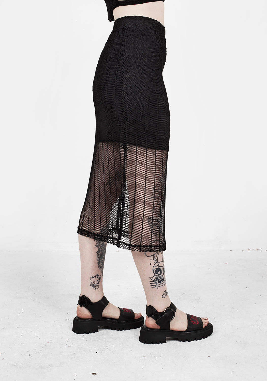 Black Striped Mesh Midi Skirt with Silky Lining | Solemn