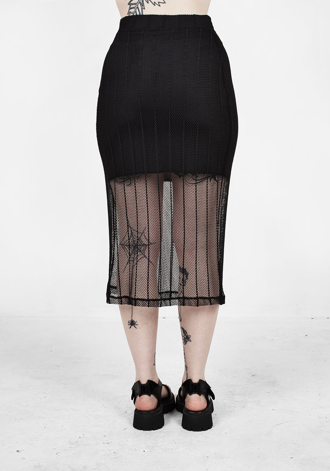 Black Striped Mesh Midi Skirt with Silky Lining | Solemn
