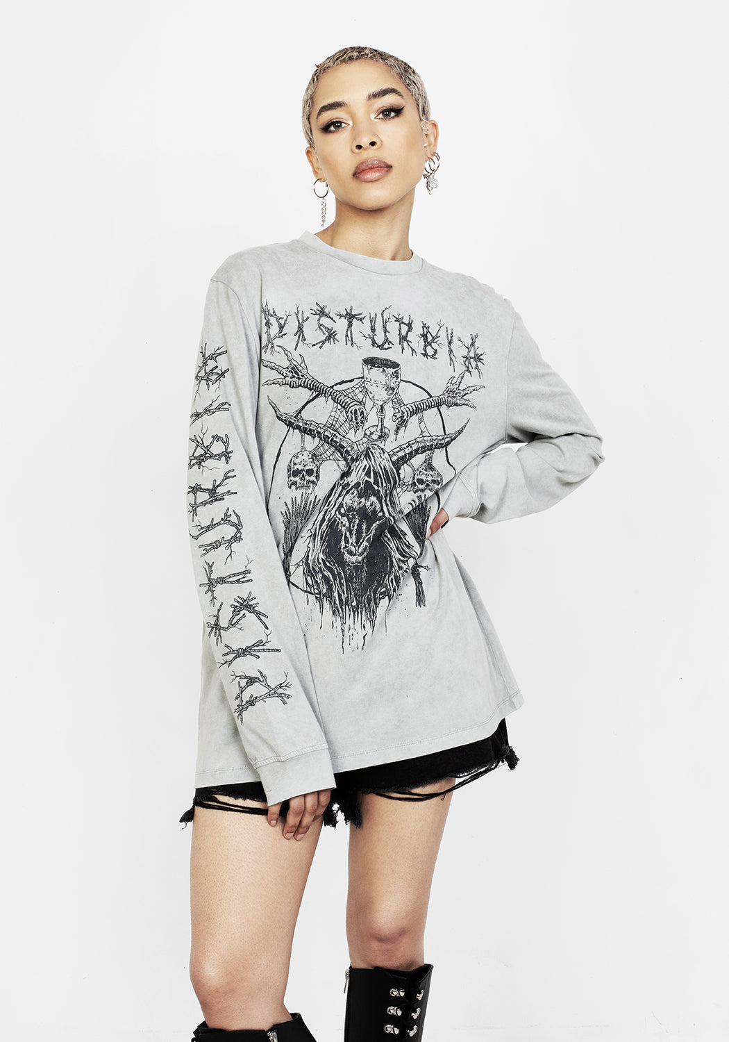 Grey Acid Washed Long Sleeve Graphic T-Shirt | Disturbia x Mark Riddick