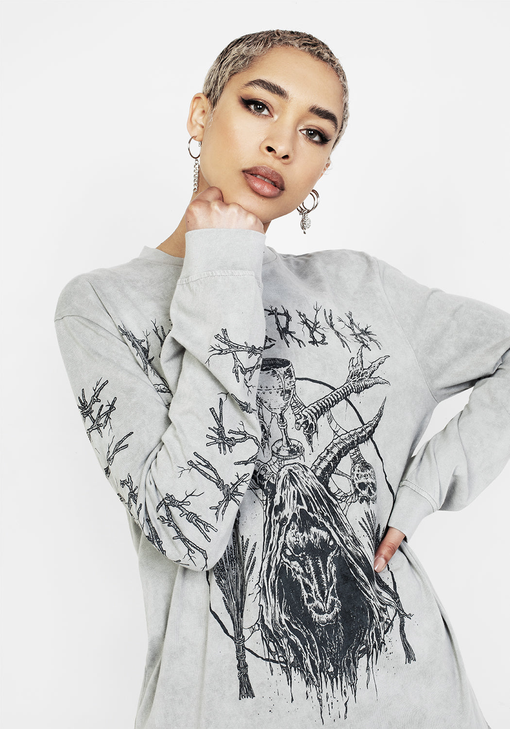 Grey Acid Washed Long Sleeve Graphic T-Shirt | Disturbia x Mark Riddick