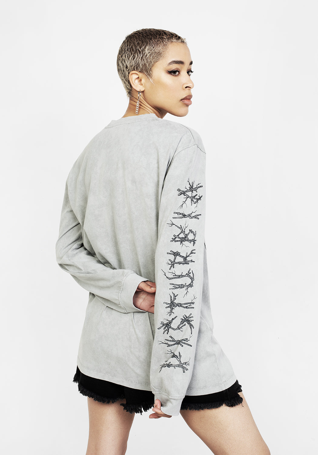 Grey Acid Washed Long Sleeve Graphic T-Shirt | Disturbia x Mark Riddick
