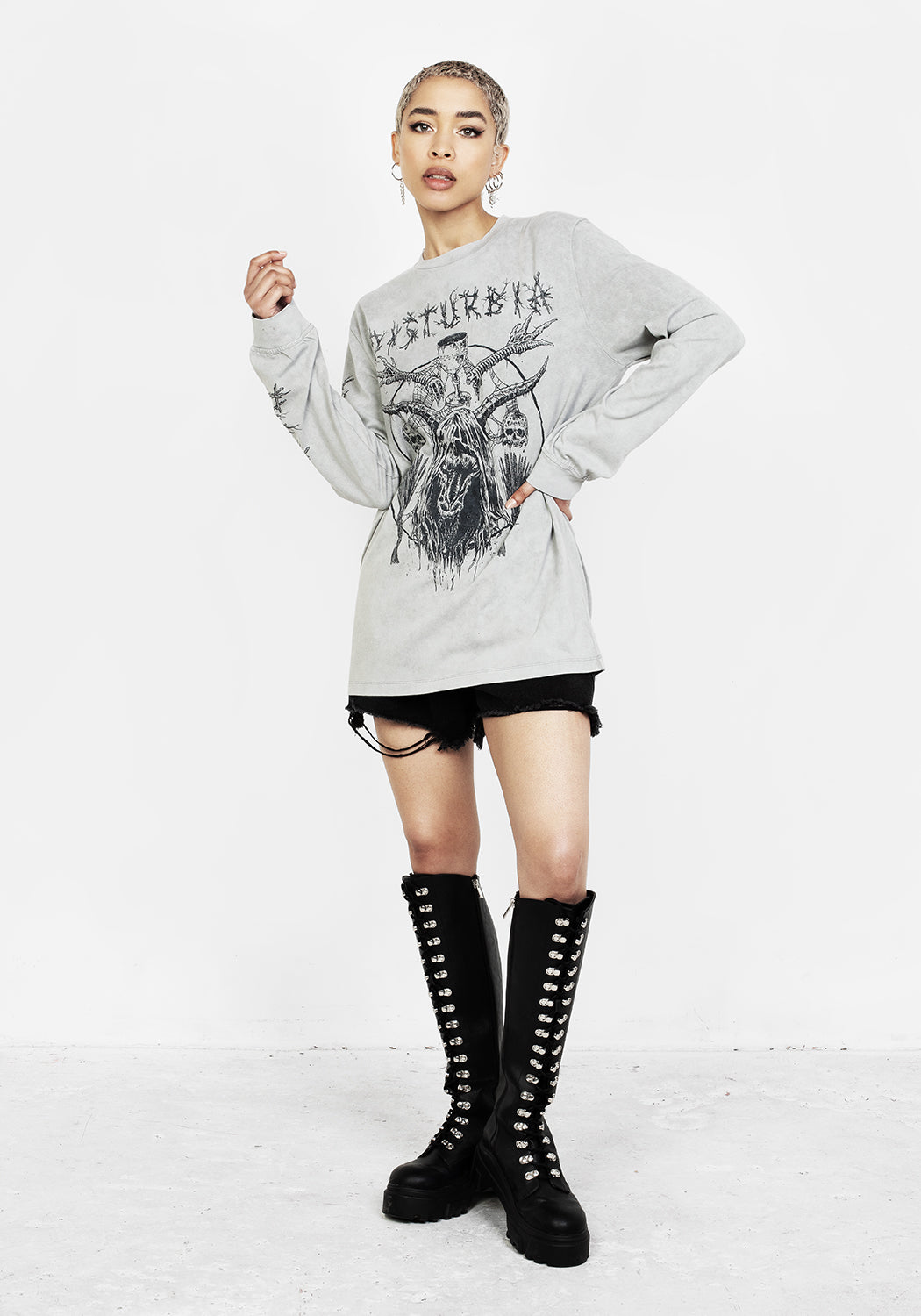 Grey Acid Washed Long Sleeve Graphic T-Shirt | Disturbia x Mark Riddick