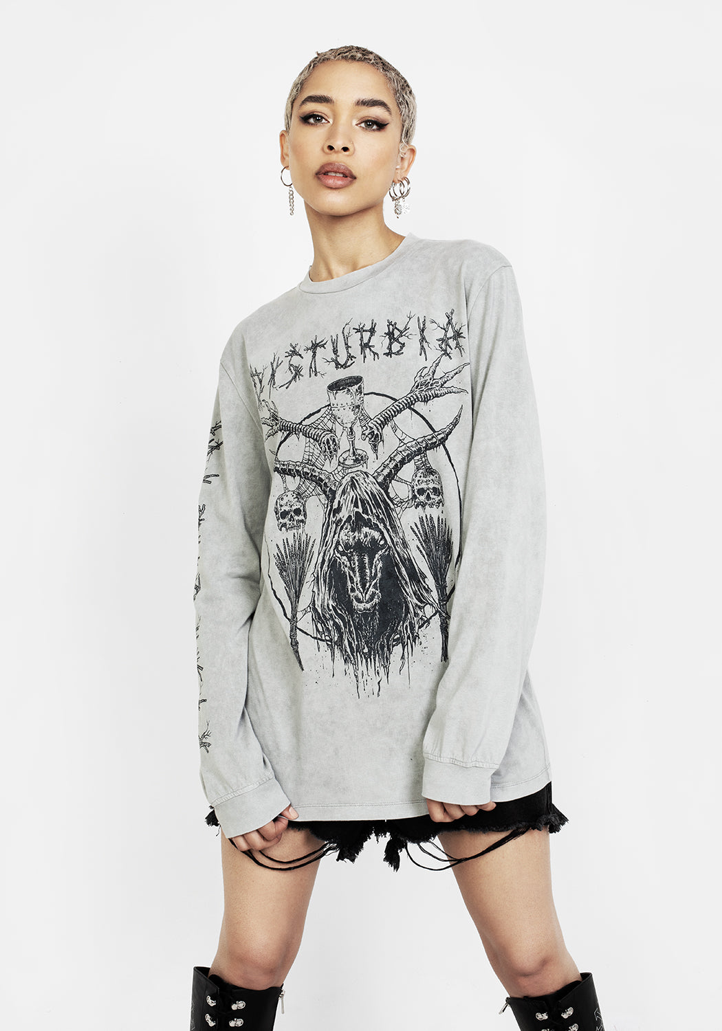 Grey Acid Washed Long Sleeve Graphic T-Shirt | Disturbia x Mark Riddick