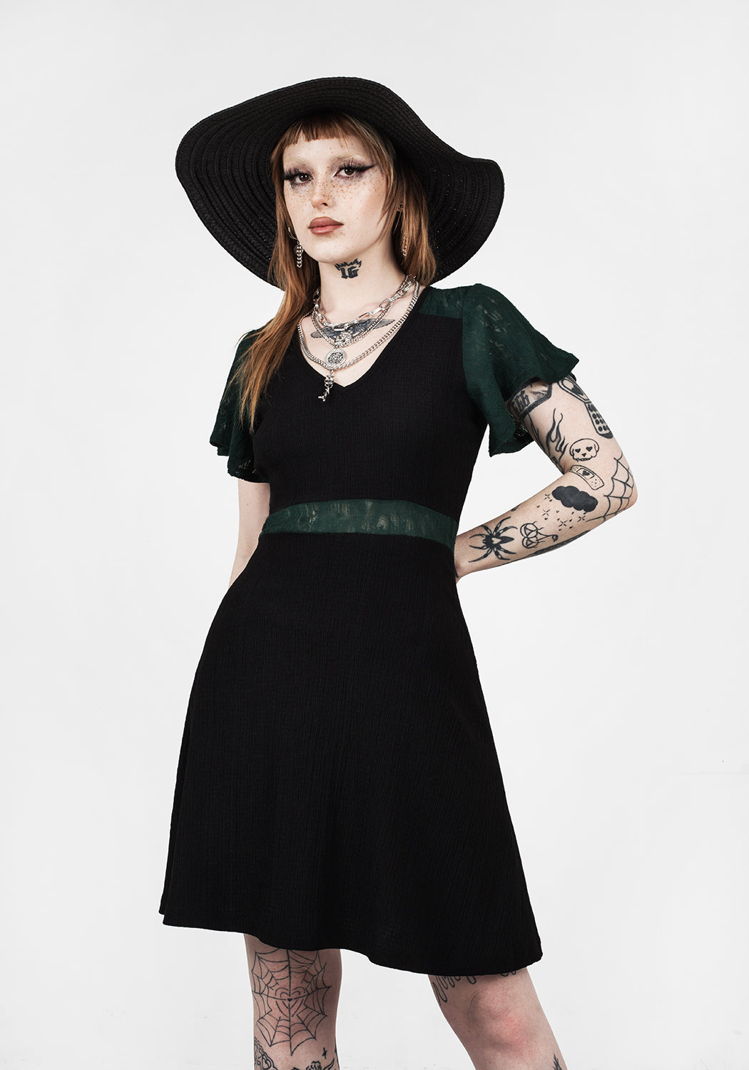 Dark Green Lace Midi Dress with V-Neck & Flutter Sleeves | FAE