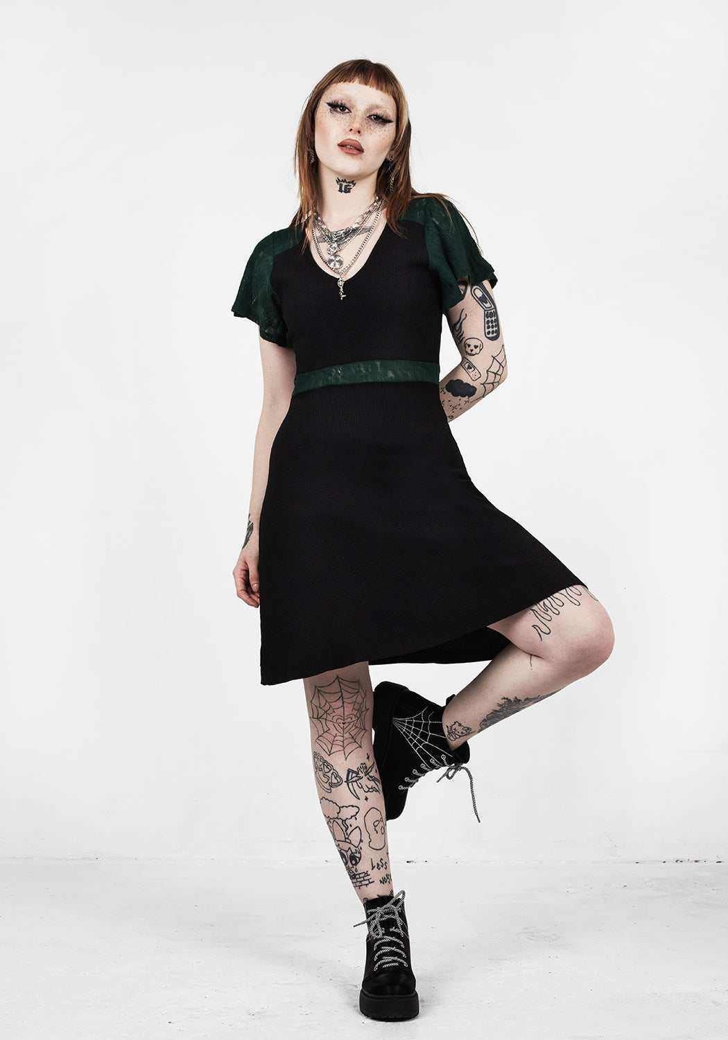 Dark Green Lace Midi Dress with V-Neck & Flutter Sleeves | FAE