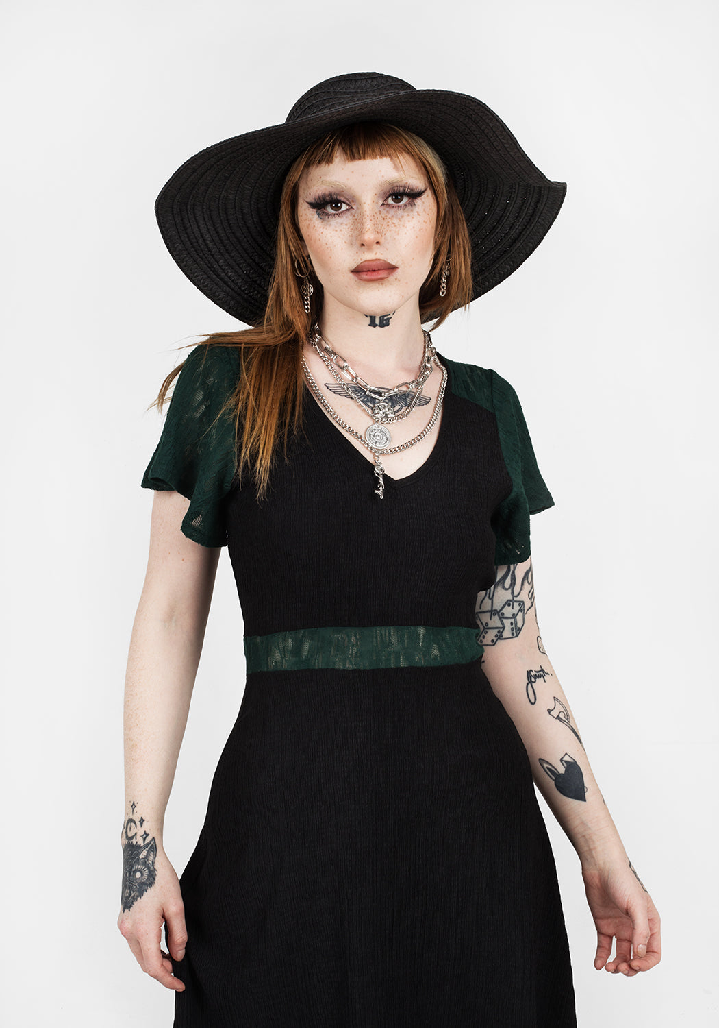 Dark Green Lace Midi Dress with V-Neck & Flutter Sleeves | FAE