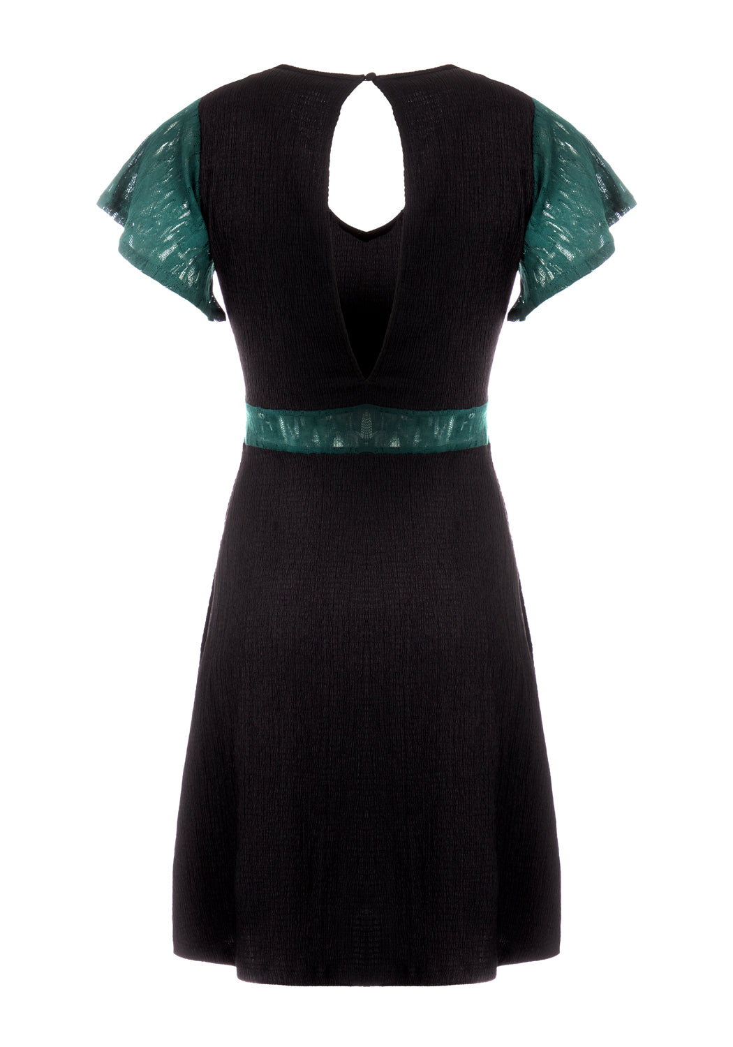 Dark Green Lace Midi Dress with V-Neck & Flutter Sleeves | FAE