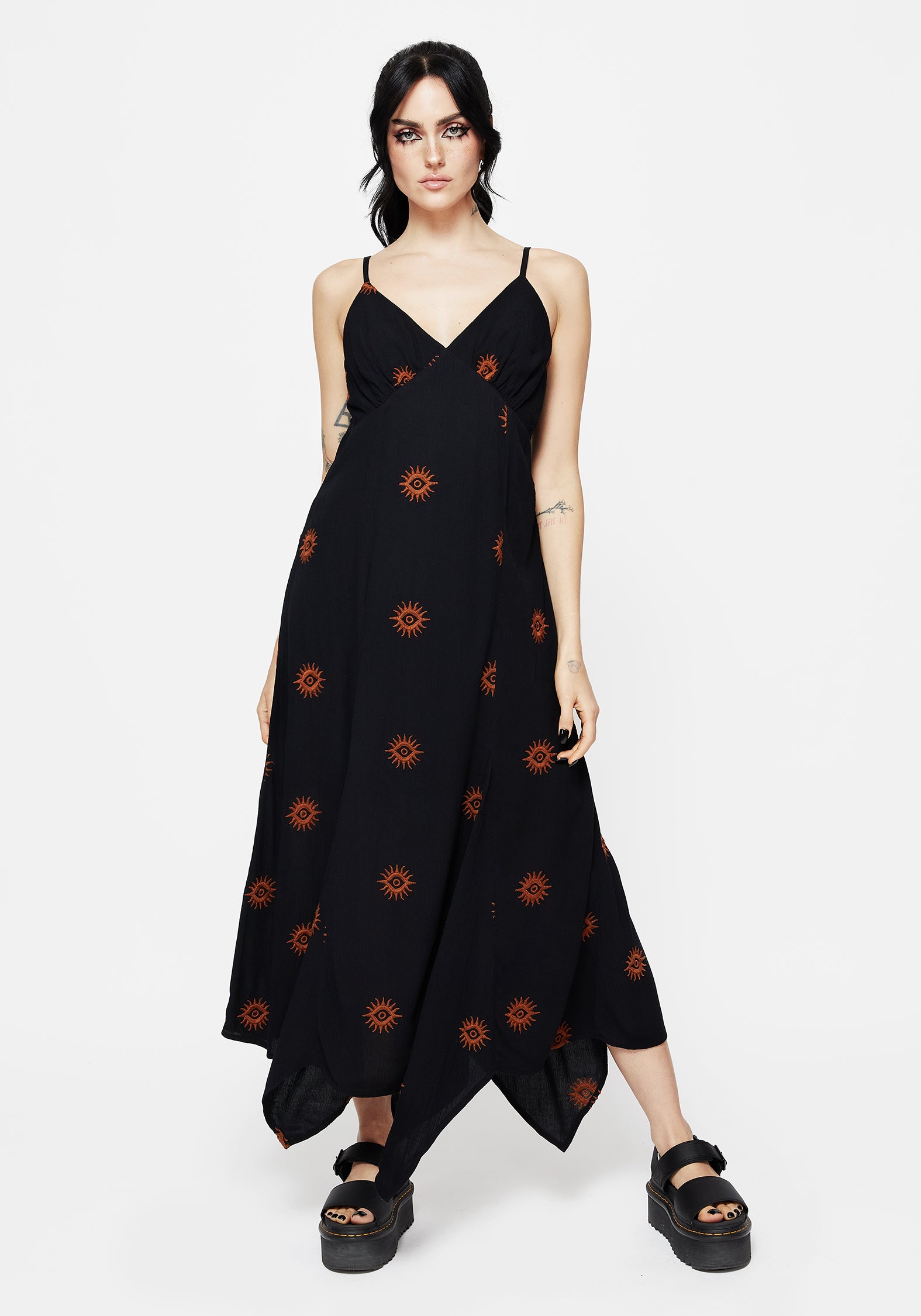 Embroidered V-Neck Cami Dress with Handkerchief Hem | Solstice