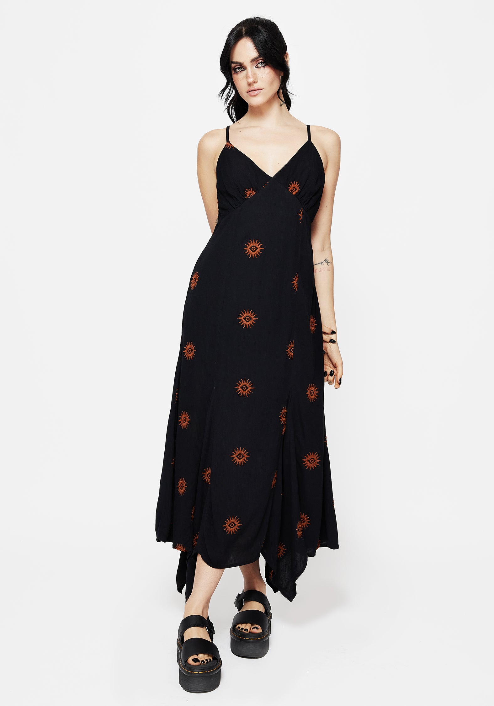 Embroidered V-Neck Cami Dress with Handkerchief Hem | Solstice