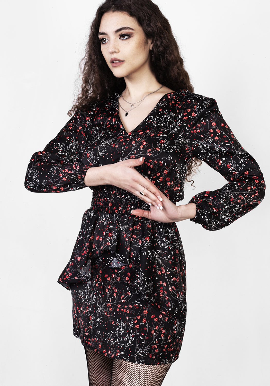 Black V-Neck Peplum Mini Dress with Rose Print | ROSETEARS