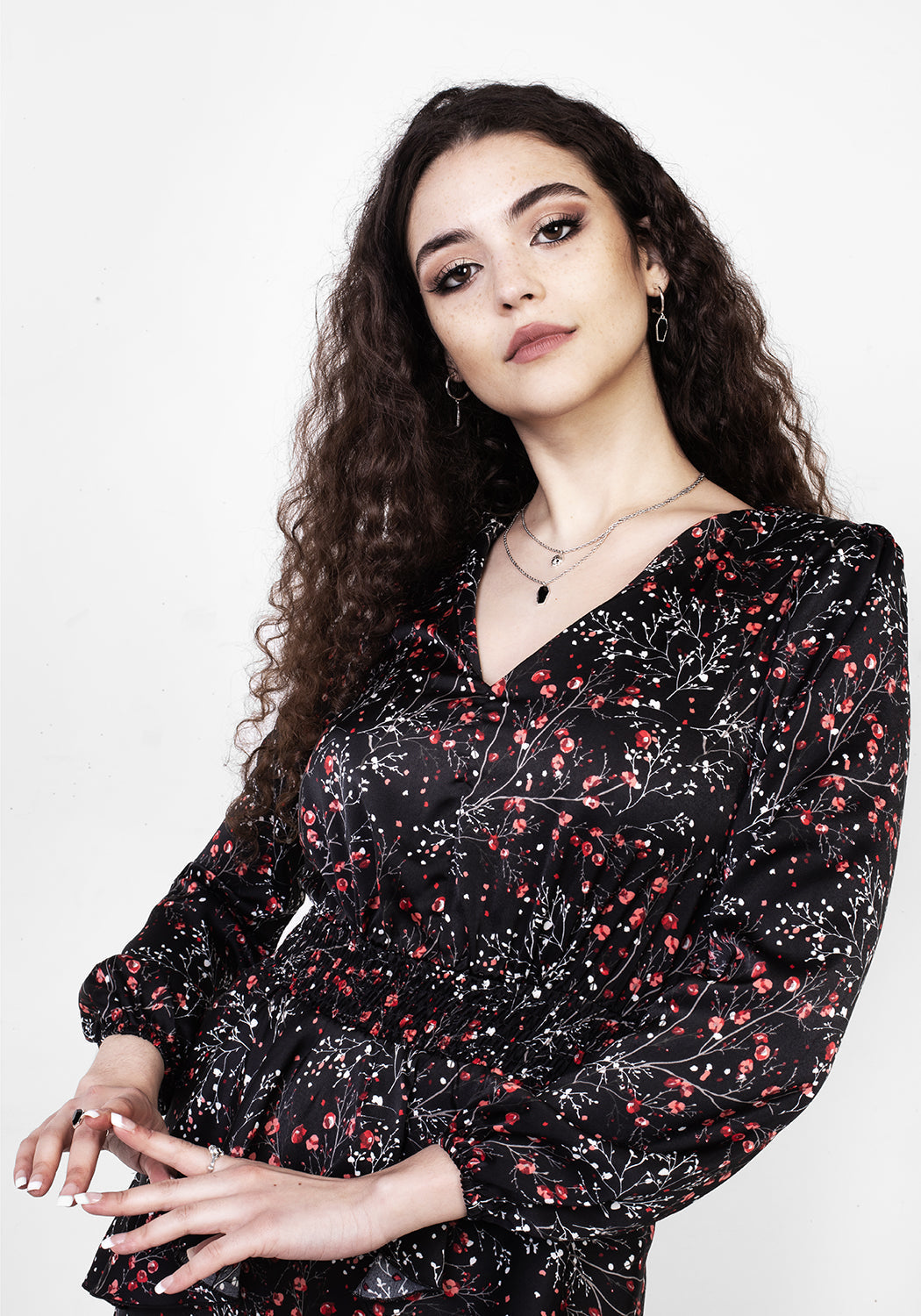 Black V-Neck Peplum Mini Dress with Rose Print | ROSETEARS