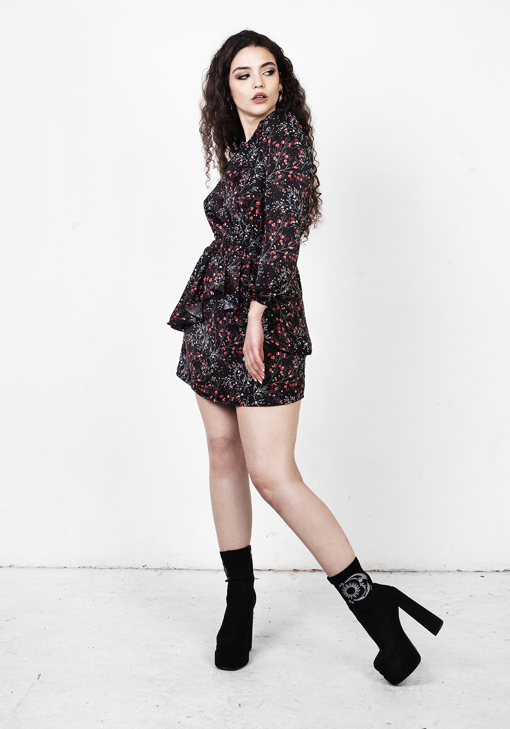 Black V-Neck Peplum Mini Dress with Rose Print | ROSETEARS