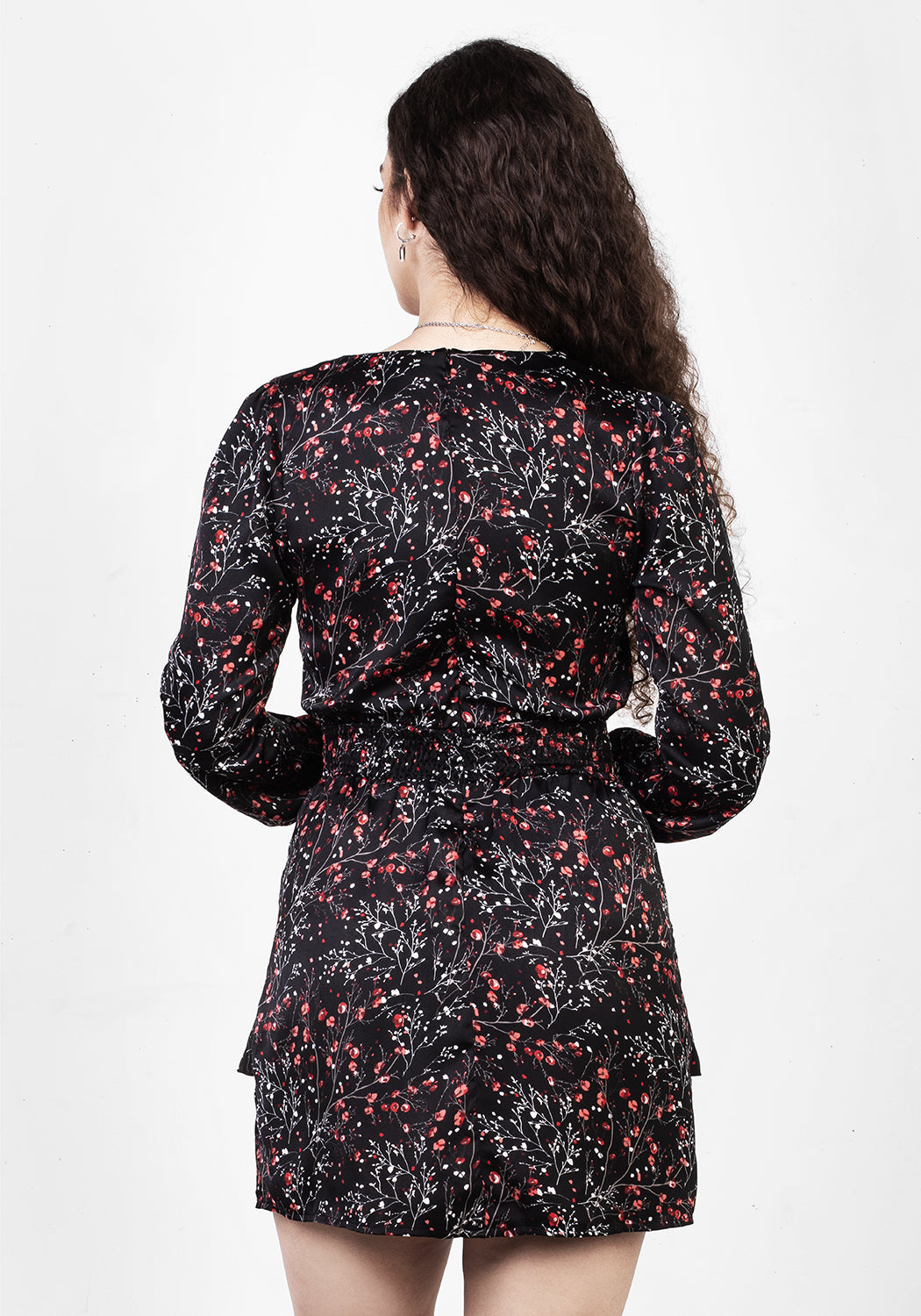 Black V-Neck Peplum Mini Dress with Rose Print | ROSETEARS
