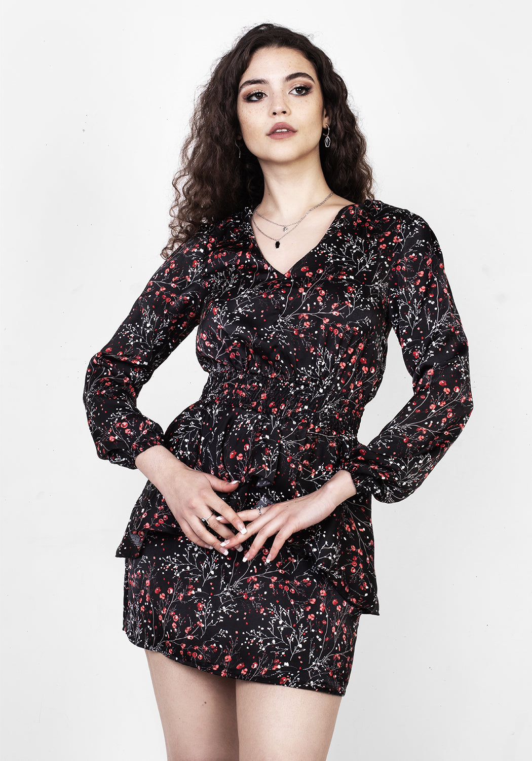 Black V-Neck Peplum Mini Dress with Rose Print | ROSETEARS