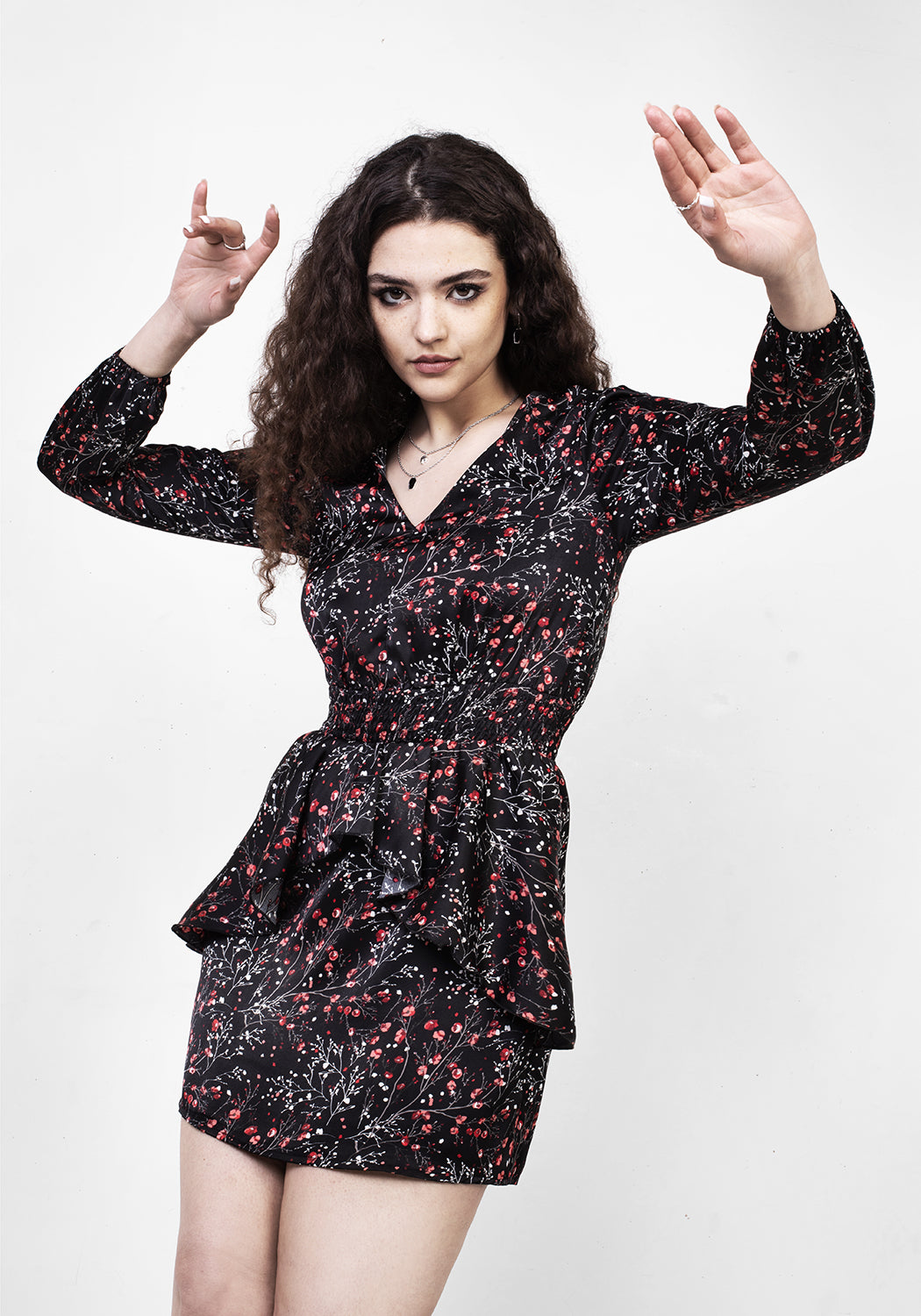 Black V-Neck Peplum Mini Dress with Rose Print | ROSETEARS