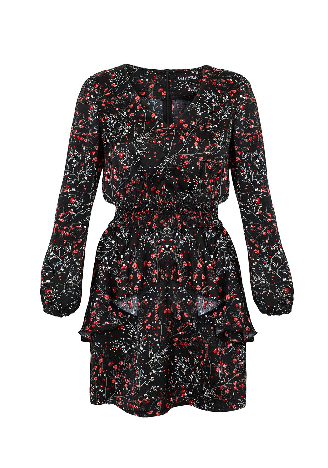Black V-Neck Peplum Mini Dress with Rose Print | ROSETEARS