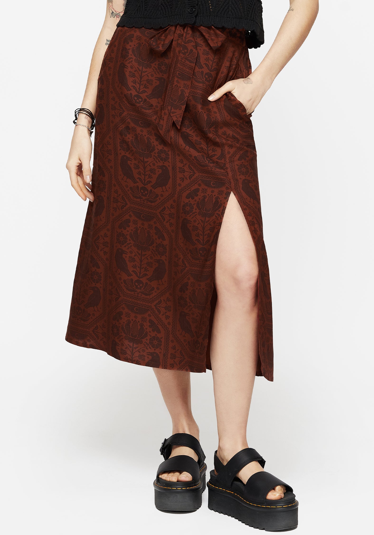 Rust Red Raven Print Split Front Midi Skirt with Pockets | Annabel